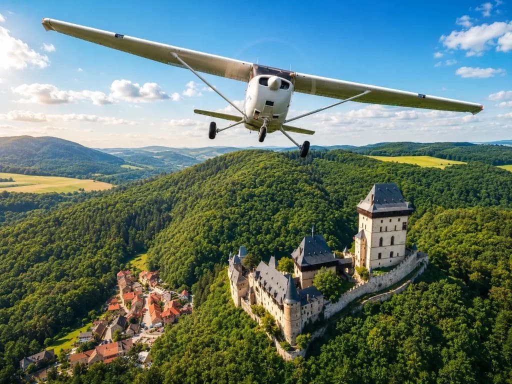 Bílé letadlo Cessna nad hradem Karlštejnem a zelenou krajinou