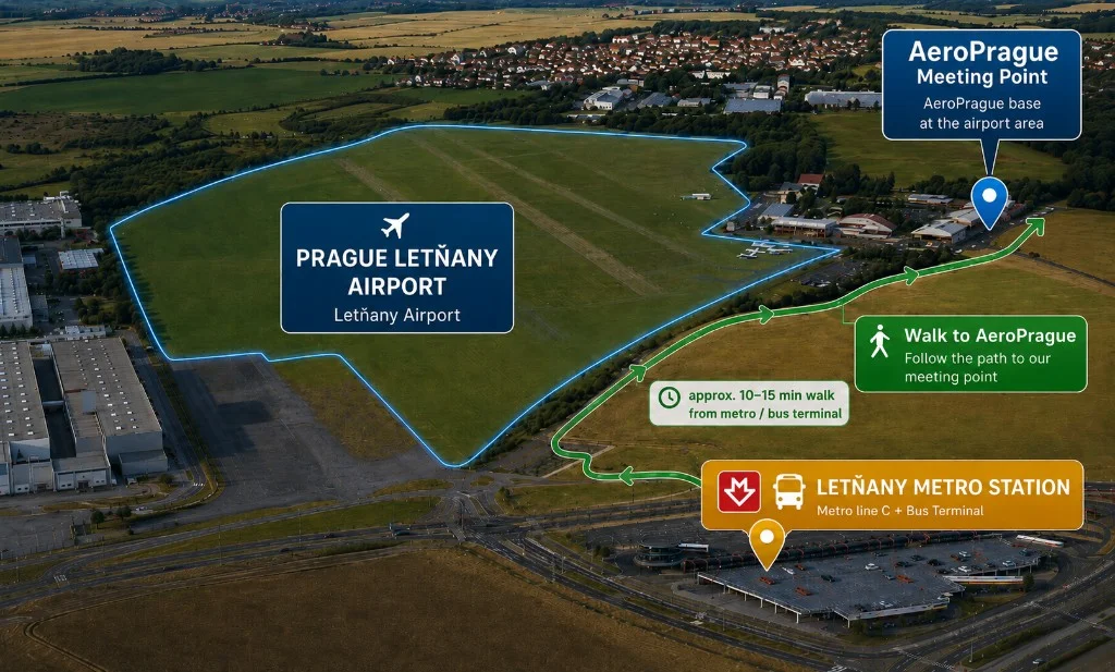 Orientation map from Letňany metro station to the AeroPrague meeting point at Prague Letňany airport