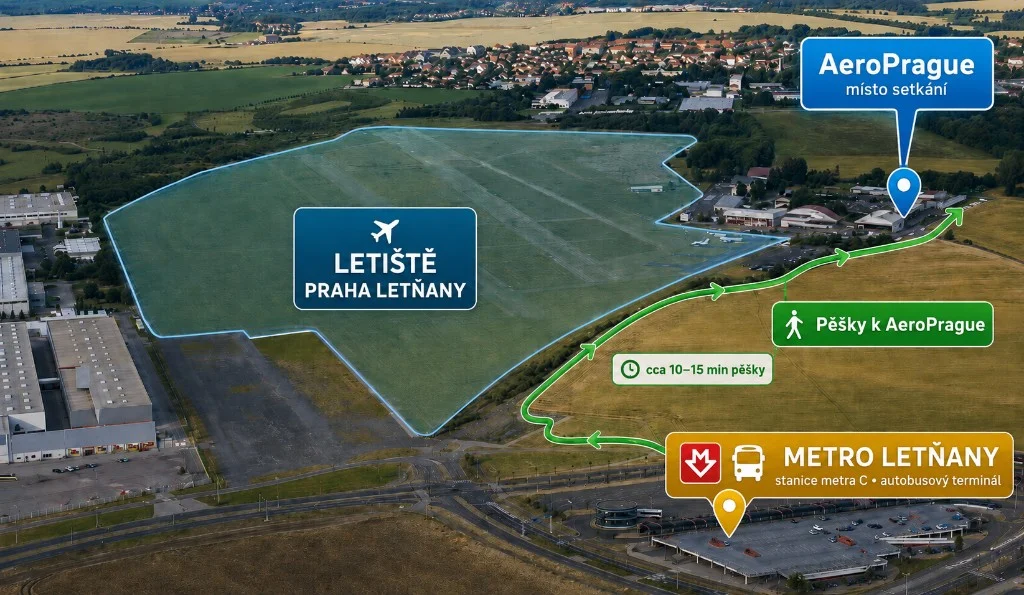 Orientační mapa cesty od metra Letňany k místu setkání AeroPrague na letišti Praha Letňany